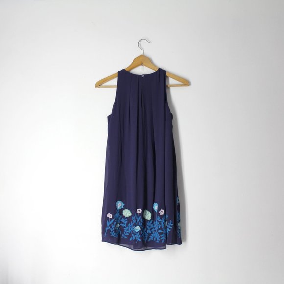 LOFT dress petite 00 00P Blue Embroidered Floral Hem Sleeveless Shift A-line - Picture 2 of 10